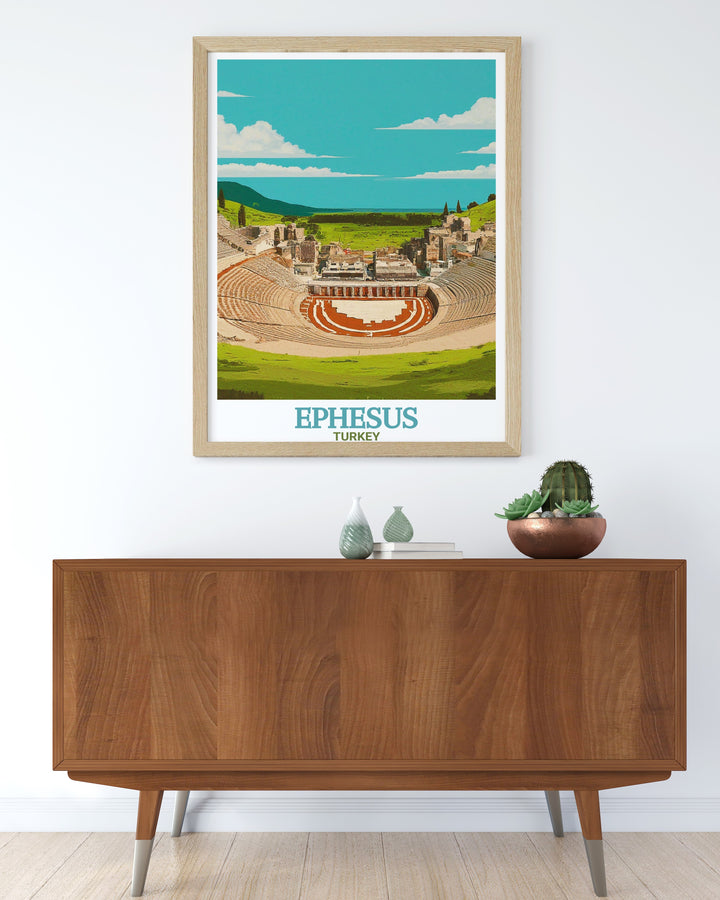 Ephesus Print features a stunning view of the Great Theatre in Ephesus, Turkey, highlighting the architectural marvel of the ancient world. This wall art adds a timeless touch of culture and history to any space.