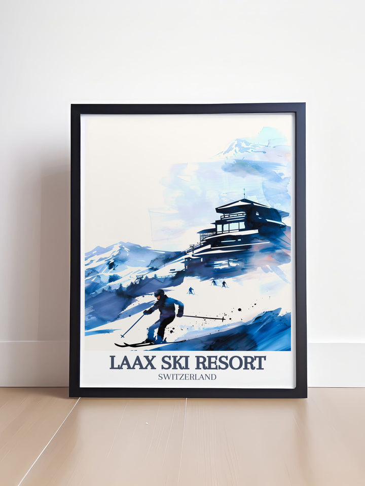 Laax Resort Print highlighting the iconic Crap Sogn Gion and Flims Laax Falera ski area offering a vibrant look at Switzerland skiing with snow capped peaks perfect for those who appreciate mountain adventure and winter sports decor.