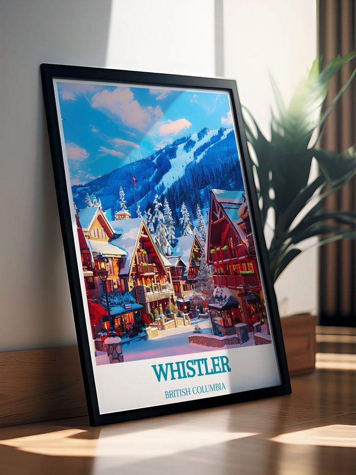 Exquisite canvas art depicting the picturesque setting of Whistler Village, British Columbia. This print highlights the charming village streets, lively atmosphere, and stunning alpine backdrop, perfect for adding a touch of adventure to your home decor.