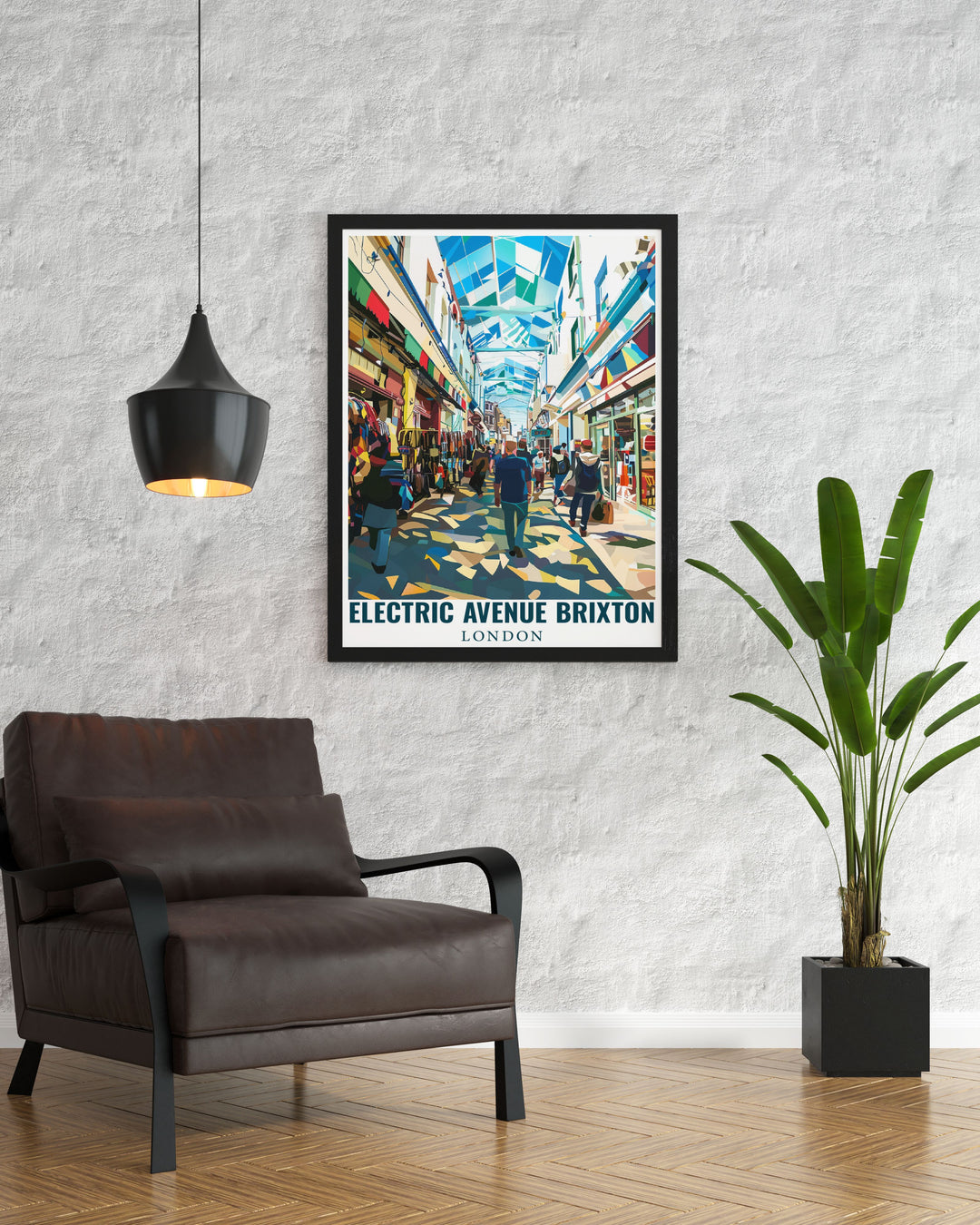 This art print of Electric Avenue and Brixton Market showcases the eclectic mix of market stalls, shops, and cultural landmarks, making it a standout piece for any decor.