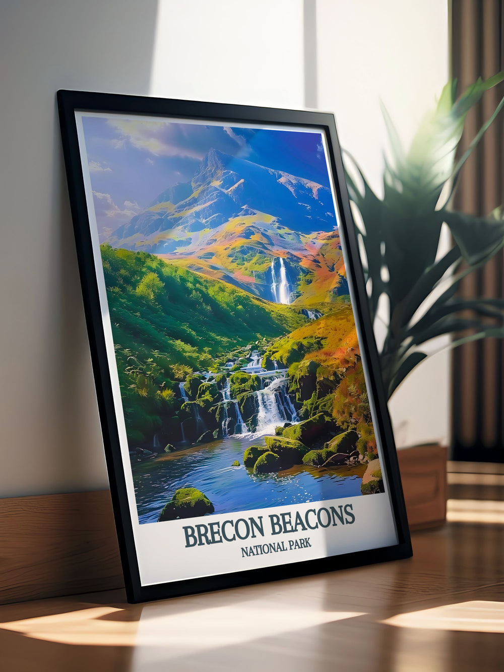 Retro travel poster of Brecon Beacons National Park highlighting the iconic Pen Y Fan peak and lush green valleys. This vintage style artwork brings the natural beauty of Wales into your living space with a touch of nostalgic charm