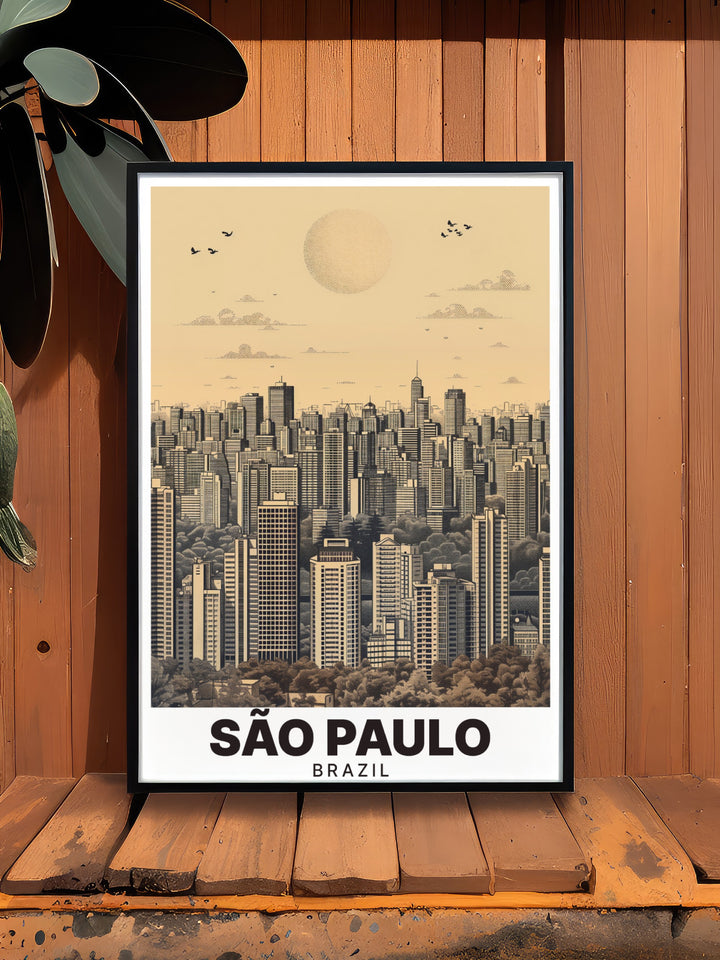 Sao Paulo art print designed to showcase the citys dynamic skyline in stunning detail. Ideal for modern living room decor or as a Brazil gift this cityscape artwork brings the vibrant energy of Sao Paulo to life in your home.