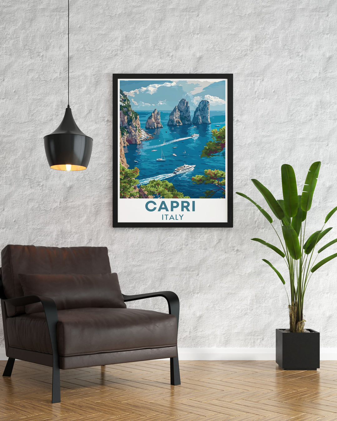 This travel poster captures the iconic Faraglioni Rocks of Capri, featuring their striking limestone formations and panoramic views. Ideal for adding a touch of the islands natural splendor to your home decor and celebrating one of Italys most beloved landmarks.