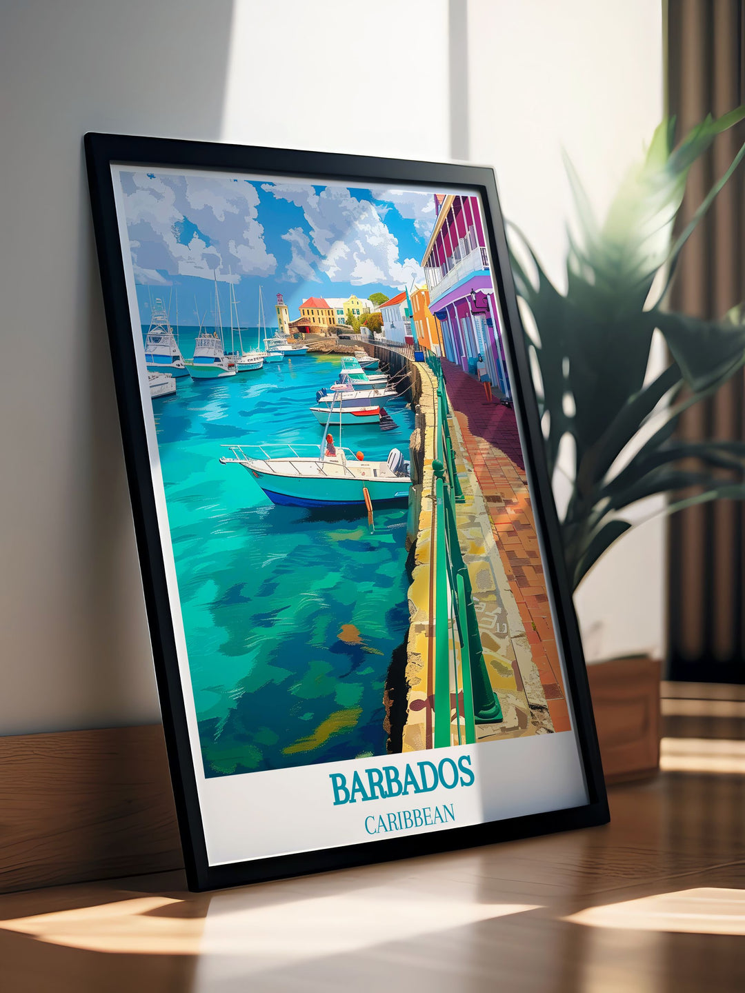 Barbados Travel Poster capturing the heart of the Caribbean with vivid imagery of Bridgetown, inviting you to explore the vibrant culture and picturesque scenes of this beautiful island, ideal for inspiring wanderlust and adventure.