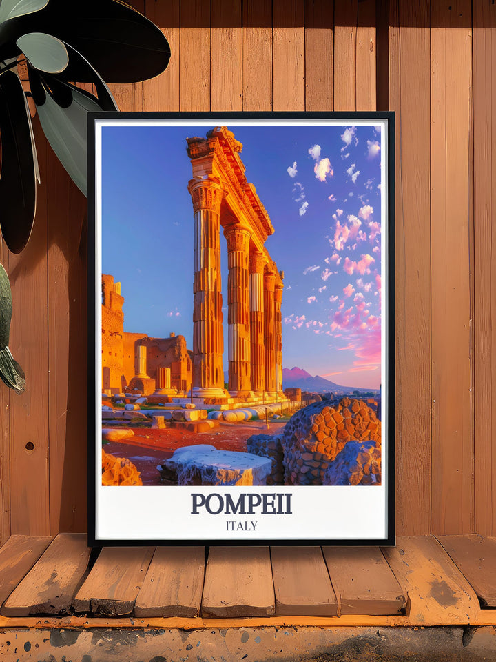 The Pompeii wall art displays the majestic Temple of Apollo and Doric Columns with Mount Vesuvius providing a perfect wall decor for modern interiors.