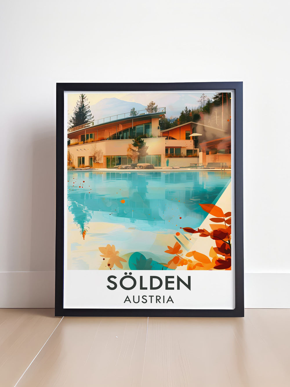 The majestic mountains and serene thermal pools of Solden are highlighted in this vibrant travel poster, showcasing the natural beauty and thrilling winter sports opportunities of the Austrian Alps.