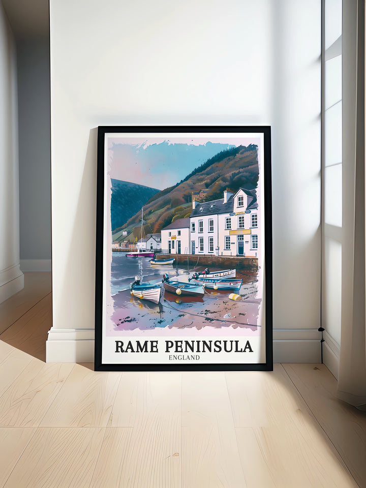 The Rame Peninsula poster print featuring Mount Edgcumbe Cornwall showcases the stunning landscapes of this historic region Ideal for Cornwall lovers this artwork adds a touch of natural beauty and elegance to any home decor or as a thoughtful gift.