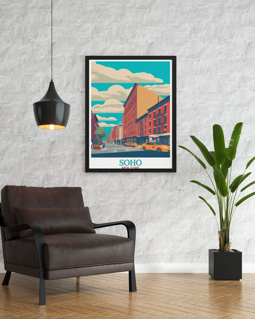 Showcasing the architectural beauty of Spring Street in Soho, London, this travel print also features the historic London Palladium Theatre. The retro art style and vivid colors celebrate the cultural and artistic significance of Londons West End, making it an ideal piece for your home décor collection.