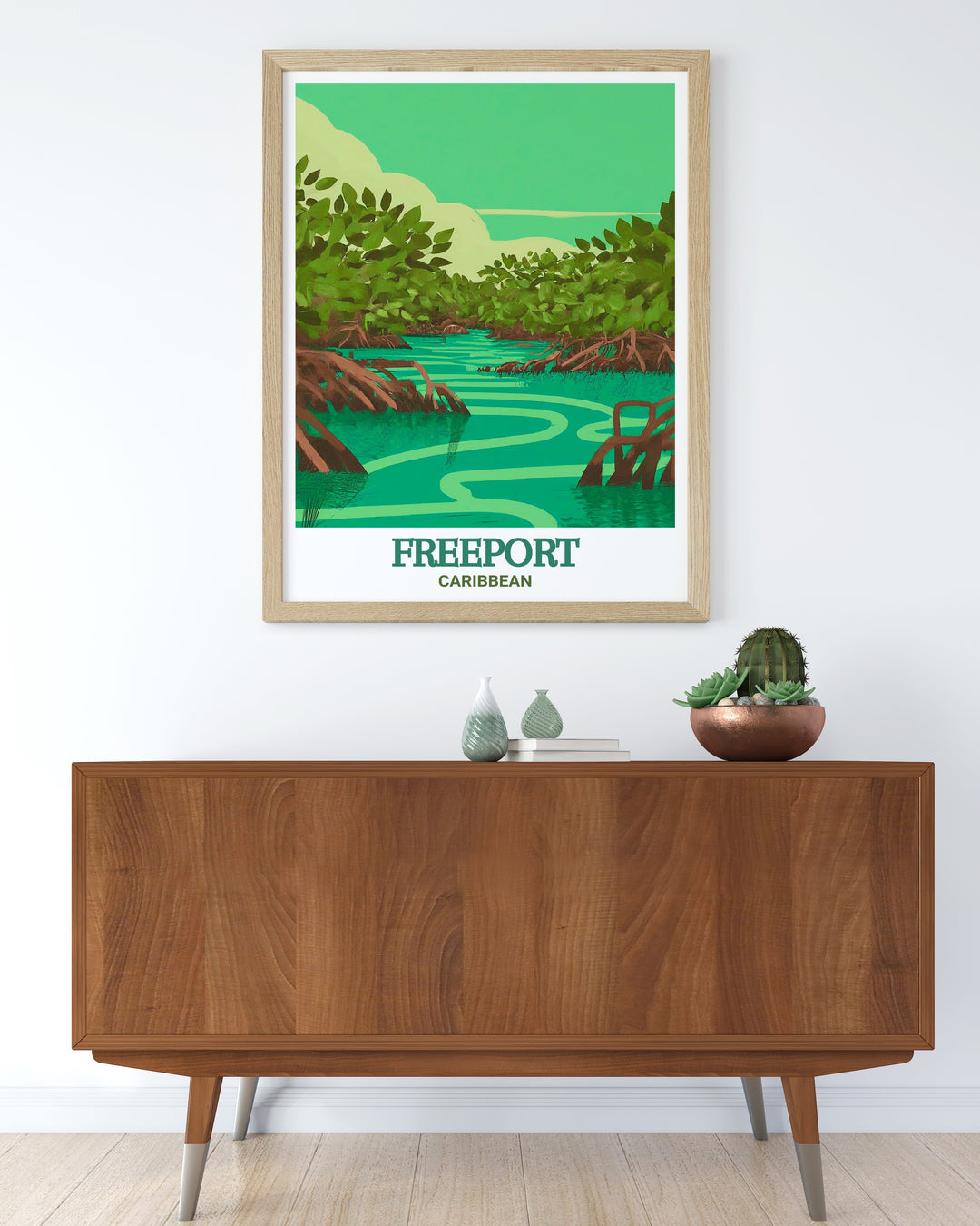 This art print captures the essence of Caribbean life, from the vibrant culture of Freeport to the untouched beauty of Lucayan National Park, ideal for adding warmth to any room.