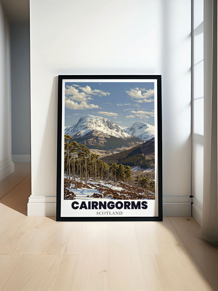 Abstract landscape art of the Cairngorms mountain range showcasing the breathtaking beauty of Scotland with modern and captivating nature illustrations perfect for enhancing your home decor and bringing the essence of the highlands into your living space