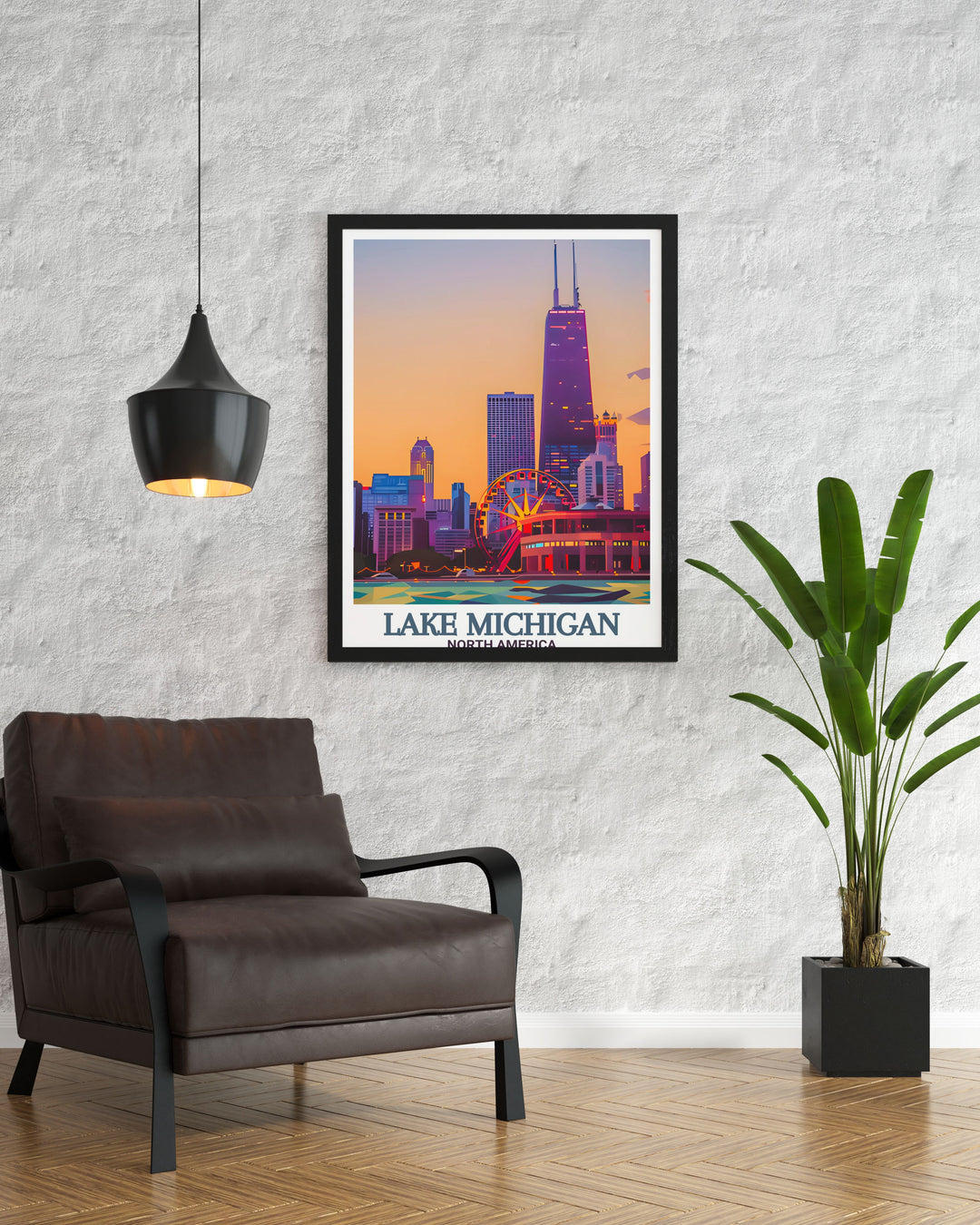 Enhance your home with a Lake Michigan Print showcasing Navy Pier. This travel poster brings the Great Lakes to life in a modern, minimalist style that fits into any space, whether framed or as part of a gallery wall.