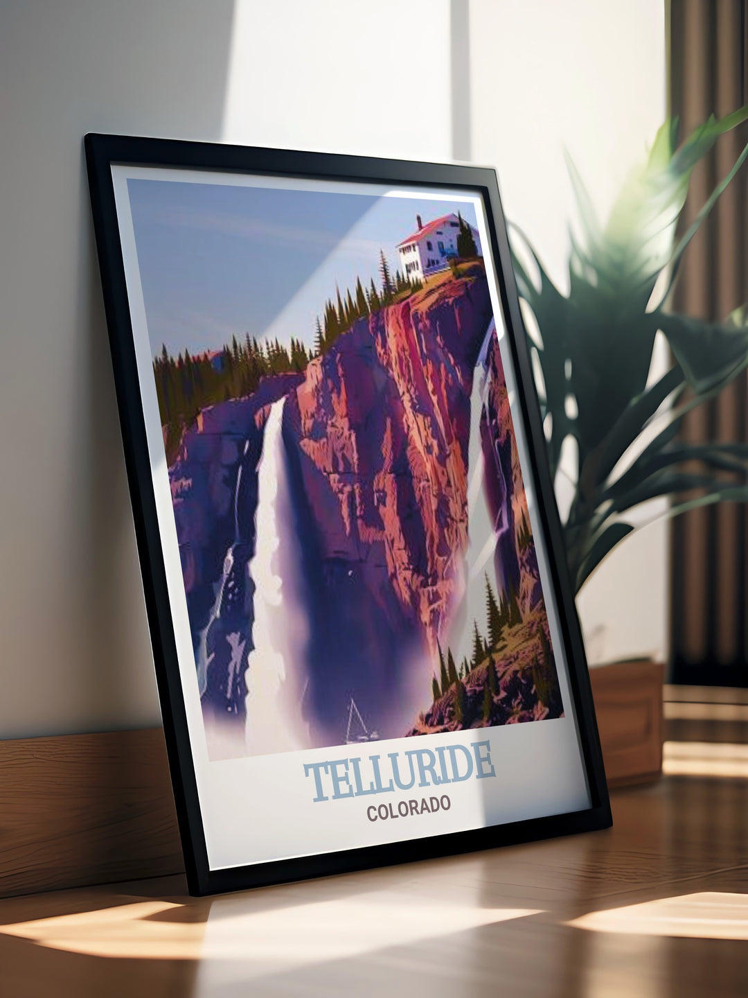 A beautiful travel print of Tellurides Bridal Veil Falls. This Colorado wall art brings the rugged beauty of the mountains into your home, offering a daily reminder of adventure and natures grandeur.