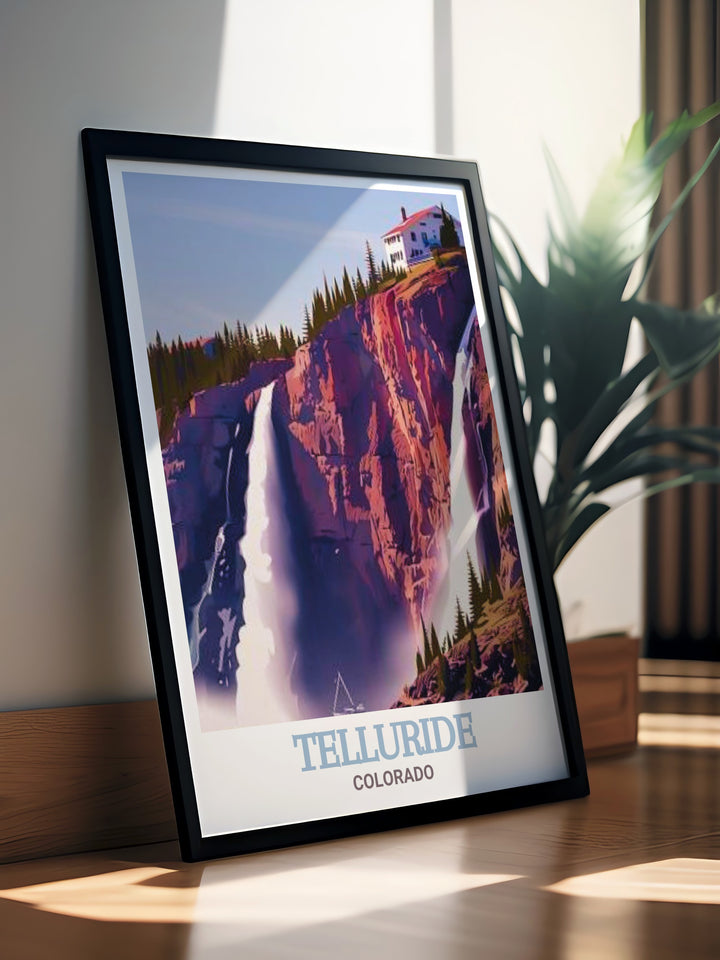 A beautiful travel print of Tellurides Bridal Veil Falls. This Colorado wall art brings the rugged beauty of the mountains into your home, offering a daily reminder of adventure and natures grandeur.