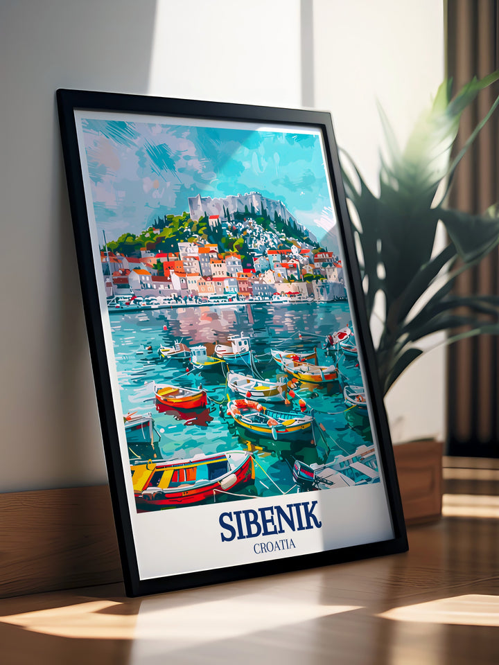 Capture the essence of Croatias coastal beauty with this travel print of Sibenik Harbor and St. Michaels Fortress. The artwork reflects the unique charm of this historic town, making it a great gift for anyone who appreciates European travel and scenic landscapes.