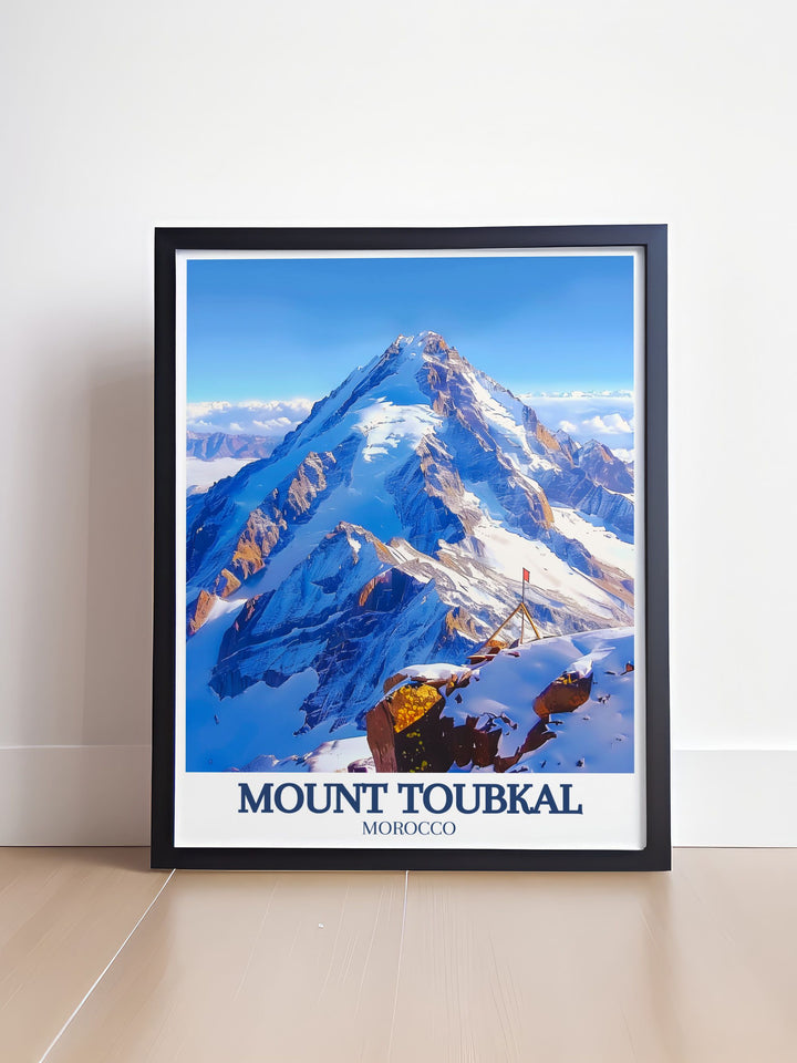 Elegant High Atlas mountains vintage print showcasing the timeless beauty of Mount Toubkal and the surrounding landscapes ideal for home decor or as a unique Moroccan gift this artwork celebrates the adventure and natural splendor of Morocco.