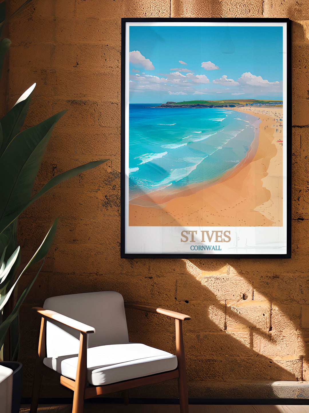 This travel poster highlights the serene beauty of Porthmeor Beach and the artistic splendor of St Ives, showcasing the natural wonders and vibrant culture of Cornwall.