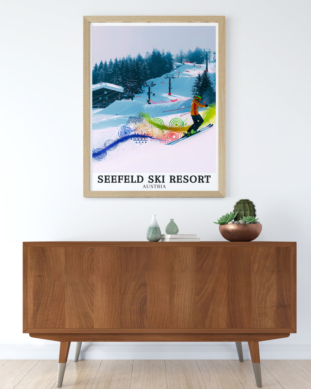 Celebrate your love for Austria skiing with this Seefeld Ski Resort Poster Print featuring the Gschwandkopf jump ramp and Tyrolean ski area. A stunning artwork capturing the thrill of snowboarding and the beauty of the Austrian Alps.