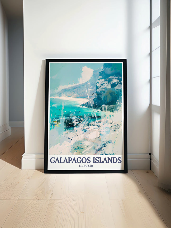 Galapagos Islands travel poster showcasing Española Island and Tortuga Bay. Perfect for those who appreciate nature and adventure, this wall art is an ideal travel gift or decorative piece for your living space.