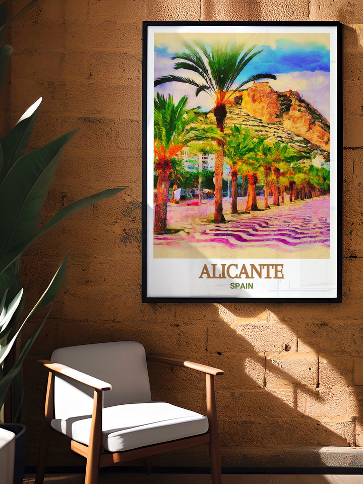 Vintage travel print of Explanada de España in Alicante, showcasing the promenades stunning mosaic pavement and palm trees. Ideal for adding a touch of elegance and cultural heritage to any space, this poster celebrates Alicantes rich history.