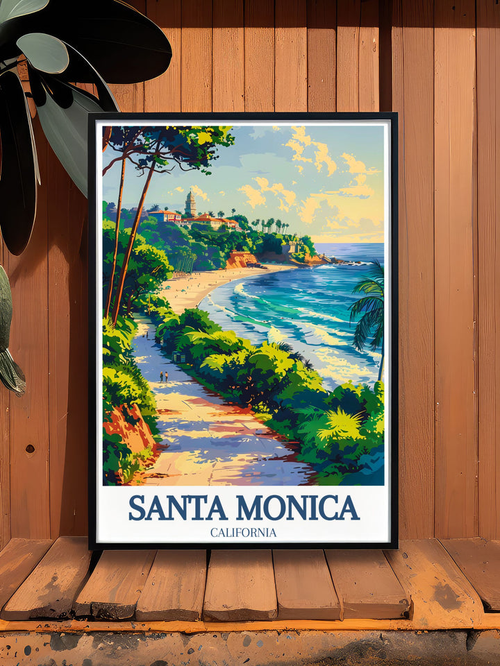 A detailed Santa Monica art print showcasing the famous pier, Ocean Avenue, and the peaceful Palisades Park. This fine line artwork captures the essence of Californias beachside lifestyle with vibrant colors, making it a standout piece for your beach home decor or gift for a traveler.