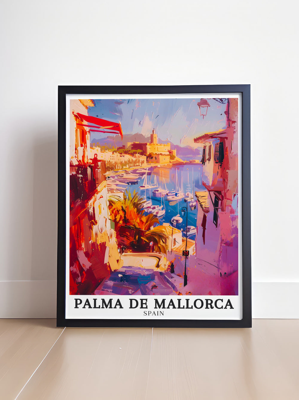 Beautiful Spain travel print highlighting the lively Paseo Marítimo and the serene waters of Palma Bay. The artwork captures the essence of Palma de Mallorca, from its bustling promenade to its calm bay, making it a timeless addition to any collection