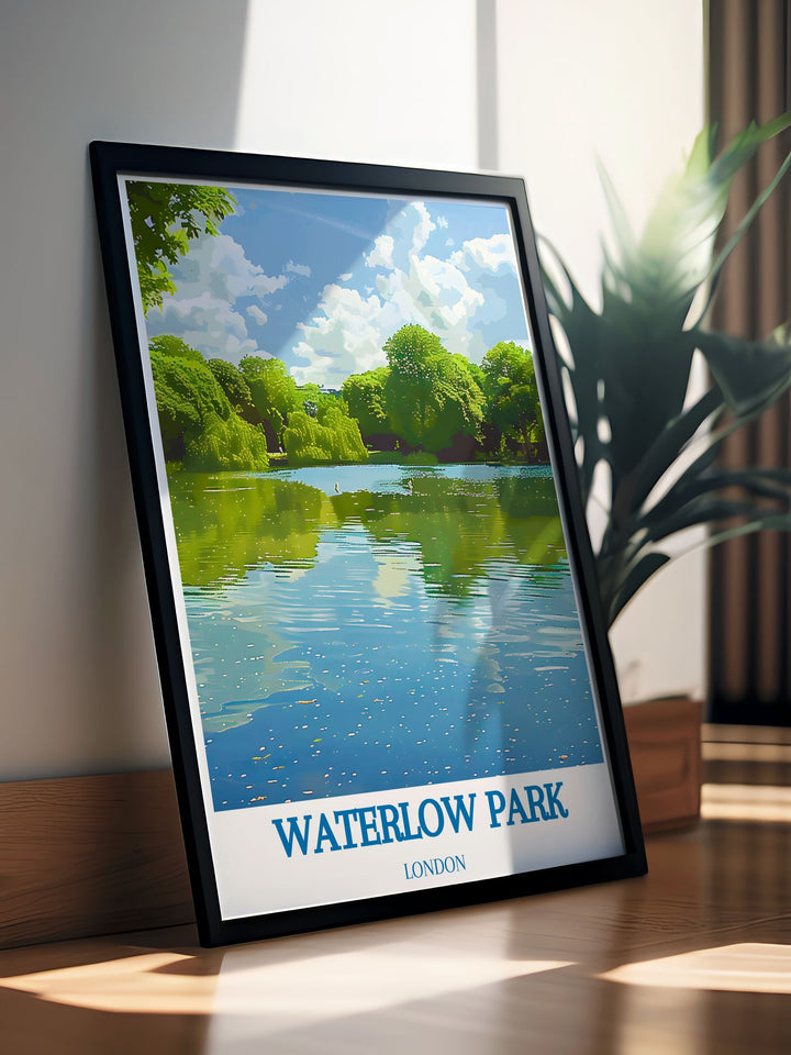 Waterlow Park Poster featuring Highgate Ponds Modern Art brings the tranquility of North Londons parks into your home a perfect addition to any space seeking a connection to nature and the timeless charm of vintage London travel posters