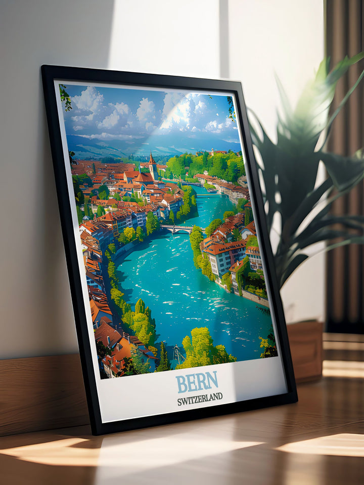 The vibrant streets of Bern, with their well preserved medieval buildings and charming fountains, are depicted in this detailed illustration, offering a glimpse into the citys rich heritage.