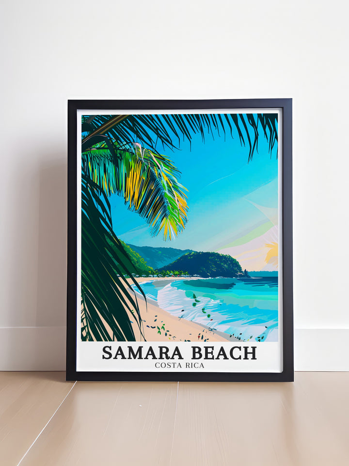 The Samara Beach travel print brings the tranquility of Costa Ricas famous beach to life, showcasing its peaceful ambiance. With Garza Contadora Island and Playa Garza nearby, this artwork is ideal for any beach lover or adventurer.