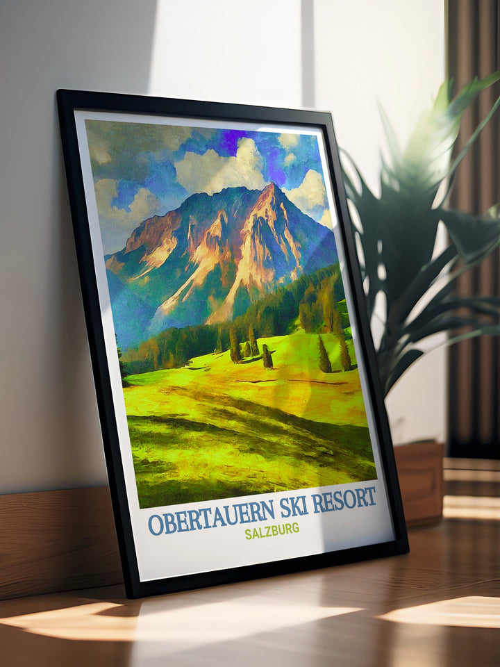 This poster print of Obertauern Ski Resort highlights the dramatic slopes and the towering Seekarspitz Mountain, making it an ideal décor piece for those who love skiing or appreciate the majestic beauty of the Austrian Alps.