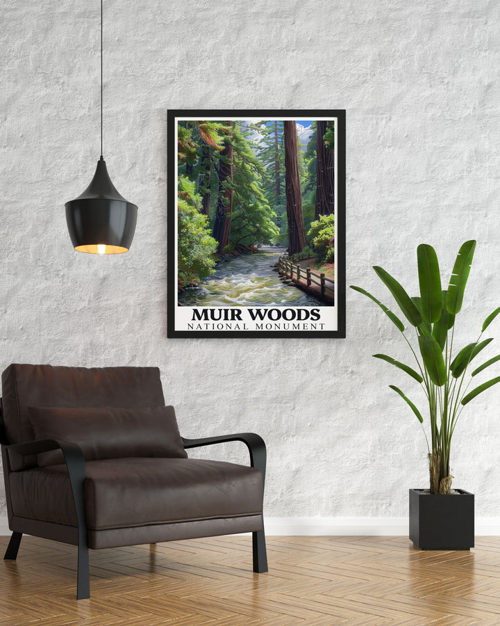 Stunning Muir Creek modern art print showcasing the serene beauty of Muir Woods National Monument a perfect addition to your living room decor or as a thoughtful gift for any special occasion