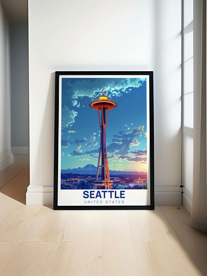 Space Needle Modern Print showcasing the iconic Seattle skyline with detailed architectural design. Ideal for adding a contemporary touch to home decor. Perfect for enhancing any living space with a vibrant and sophisticated representation of Seattles famous landmark.