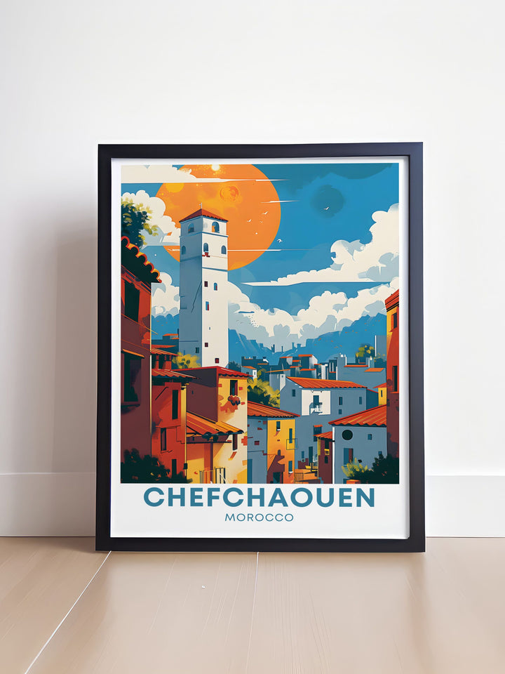 This Chefchaouen travel poster brings the vibrant streets of the Blue Medina to life, perfect for those who love Moroccan landscapes. Featuring the serene vistas of Chefchaouens Medina, this travel poster is perfect for those who appreciate the scenic and cultural richness of Morocco.