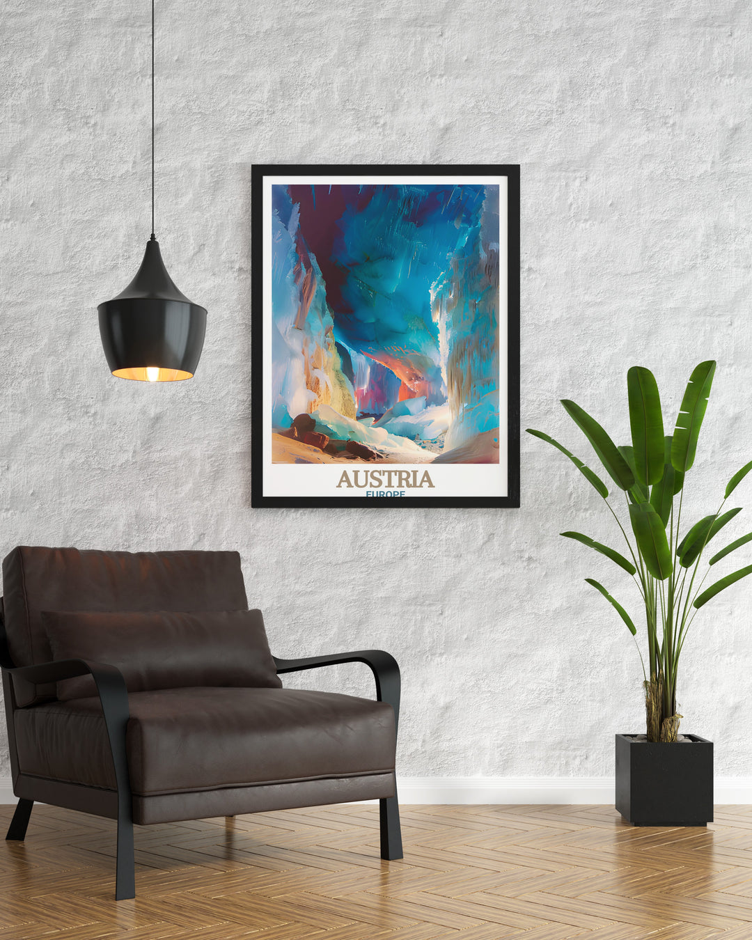 Stunning Austria Wall Art showcasing the Eisriesenwelt Ice Cave. This Austria Travel Print is a must have for any art lover looking to add modern décor to their home. Ideal for anniversaries, birthdays, and holiday gifts for those who love travel and fine art.