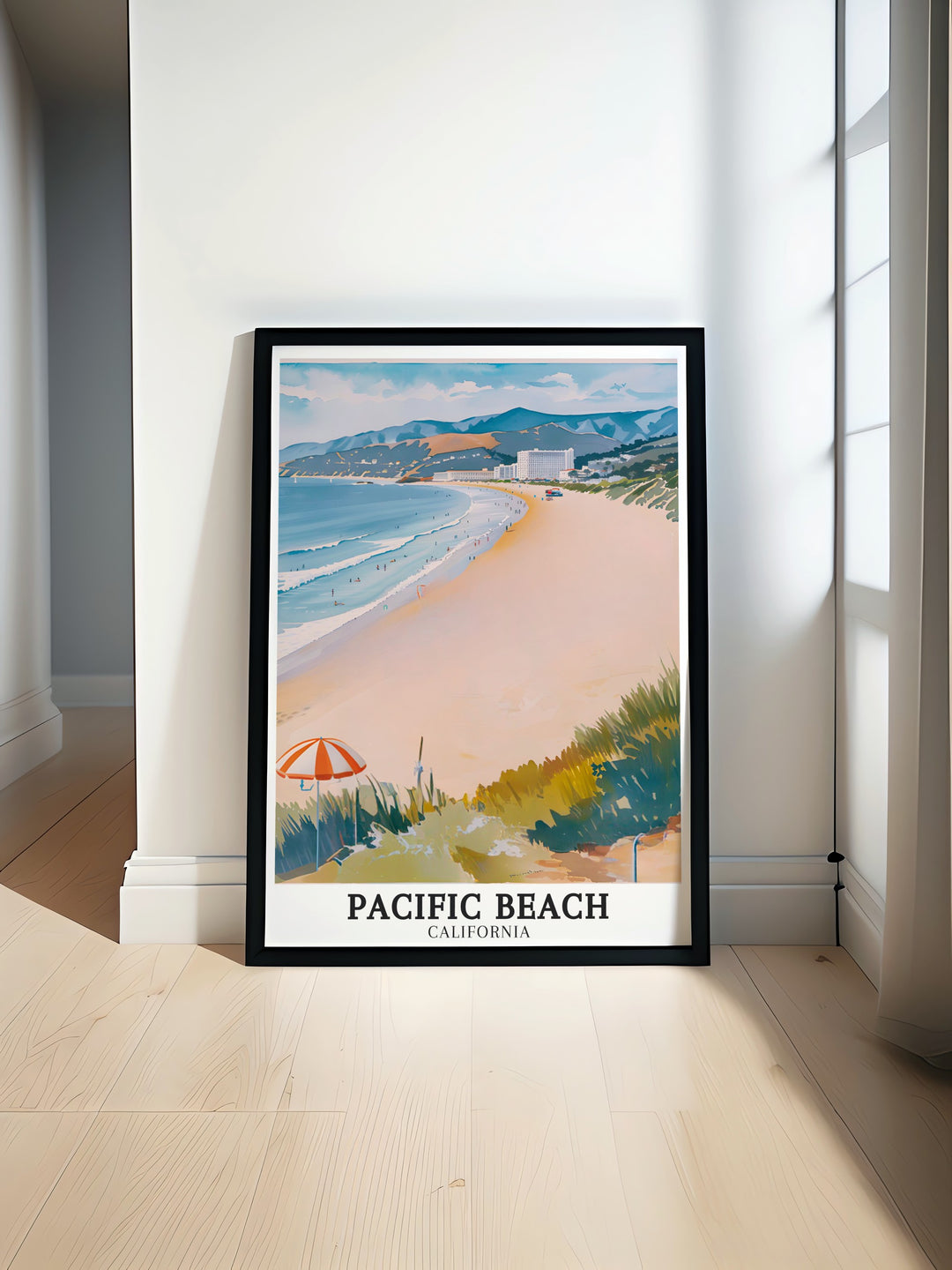 This Pacific Beach travel poster highlights the picturesque views of San Diego, including the famous Pacific Hotels. Perfect for decorating your space or as a thoughtful gift for beach lovers, it celebrates the charm of Californias coastline.