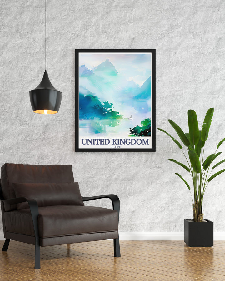 This art print of Loch Ness and the Scottish Highlands captures the natural beauty of Scotlands rugged landscapes. From the tranquil waters to the dramatic hills, this artwork makes a perfect addition to any home or office space, celebrating the wonder of the United Kingdom.