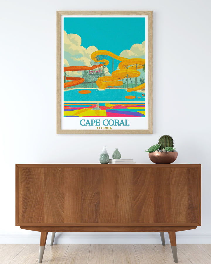 Cape Coral Bridge at Sunset Print with Sun Splash Family Waterpark stunning Florida travel artwork ideal for home decor bringing the fun and excitement of Cape Coral into your living space a perfect gift for all occasions.