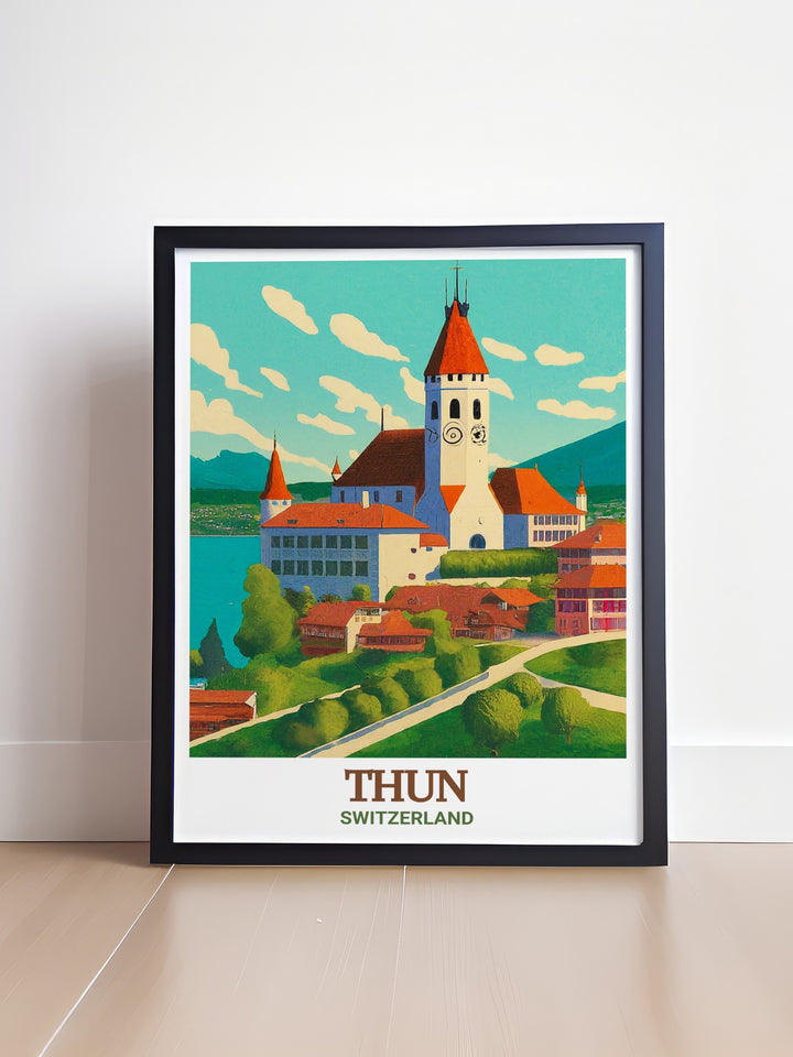 Thun Castle Travel Print featuring Switzerlands iconic fortress and the surrounding mountain landscape. This artwork celebrates Swiss heritage and is perfect for travel lovers and anyone who admires European architecture.