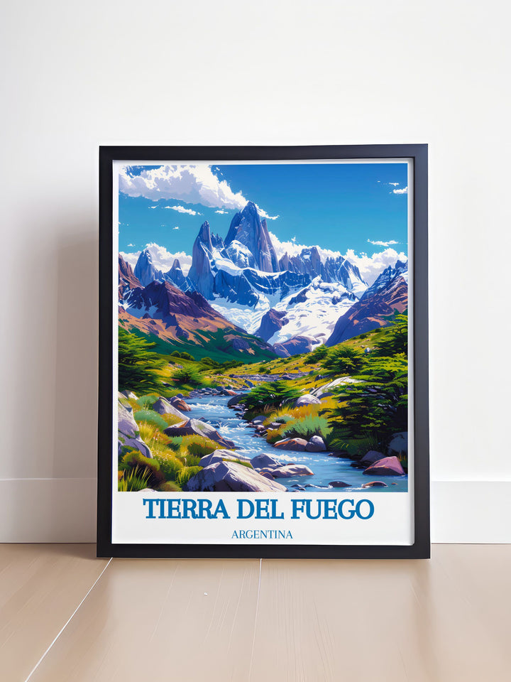 Immerse yourself in the wild charm of Tierra del Fuego with this detailed travel poster, capturing the essence of its untamed beauty and rich history.