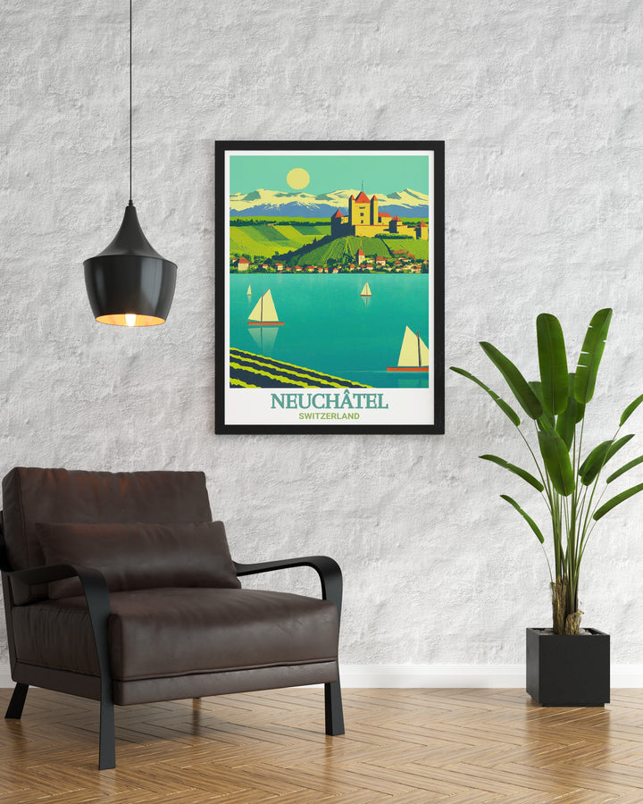 Lake Neuchatel wall art perfect for French home decor. This modern travel print captures the beauty of one of Frances most scenic lakes, offering stunning living room decor that brings a sense of calm and elegance into any space. Ideal for travel lovers.