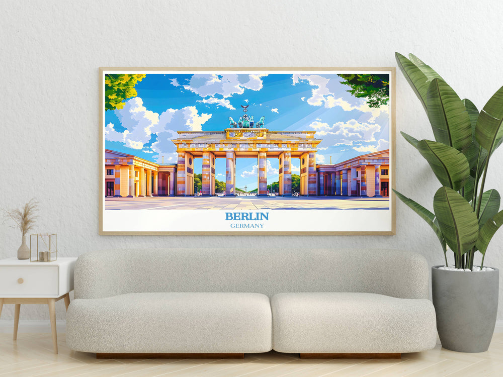 Illustration of Berlins Brandenburg Gate showcasing neoclassical architecture perfect for office or home decor.