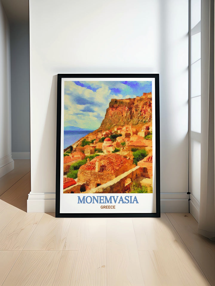 Monemvasia Poster Print capturing the historic beauty of the Lower Town in Monemvasia, Greece. This print showcases the ancient stone buildings, narrow winding streets, and breathtaking views of the Aegean Sea, offering a window into the rich cultural heritage of Greece. Perfect for those who appreciate history and travel.