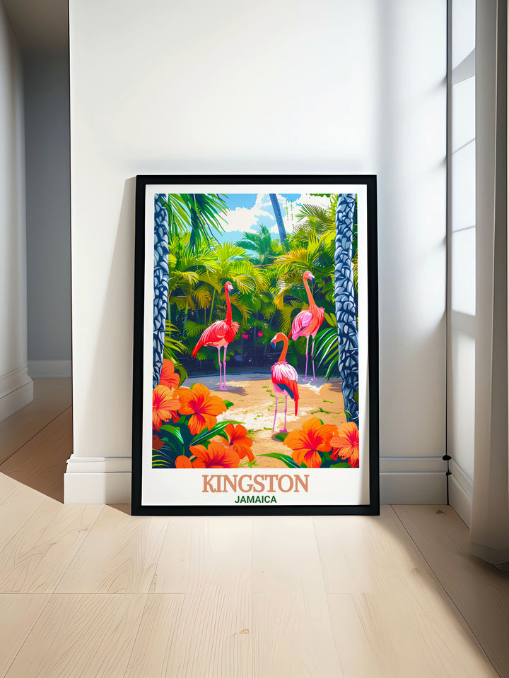 Kingston travel poster and Hope Gardens modern prints bring the vibrant colors of Jamaica into your home perfect for creating a lively atmosphere with Caribbean wall art that highlights the energy of Kingston and the serene beauty of Hope Gardens and Hope Zoo