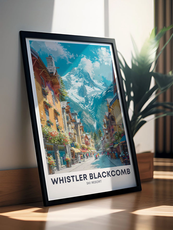 Whistler village wall art featuring the iconic scenery of Whistler Blackcomb. This beautiful piece is perfect for snowboarding enthusiasts and makes a thoughtful gift for anyone who loves winter sports.