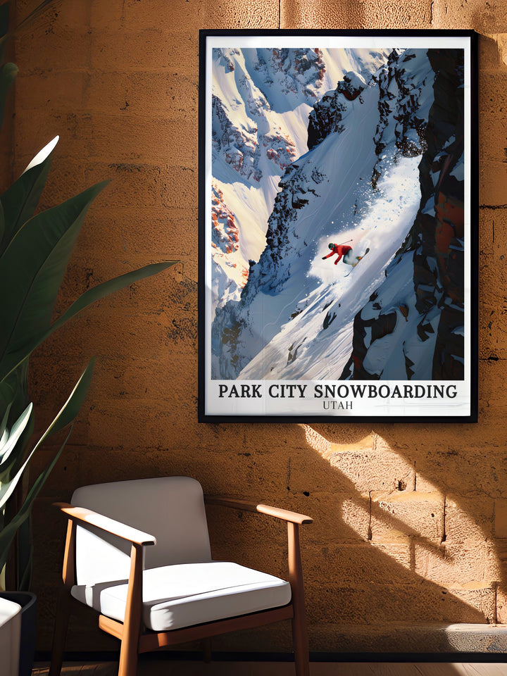 Park City snowboarding art. Capturing the thrill of Park City Mountain Resorts Black Diamond run, these prints bring the excitement of snowboarding into your home. Perfect for winter sports enthusiasts and decor lovers alike.