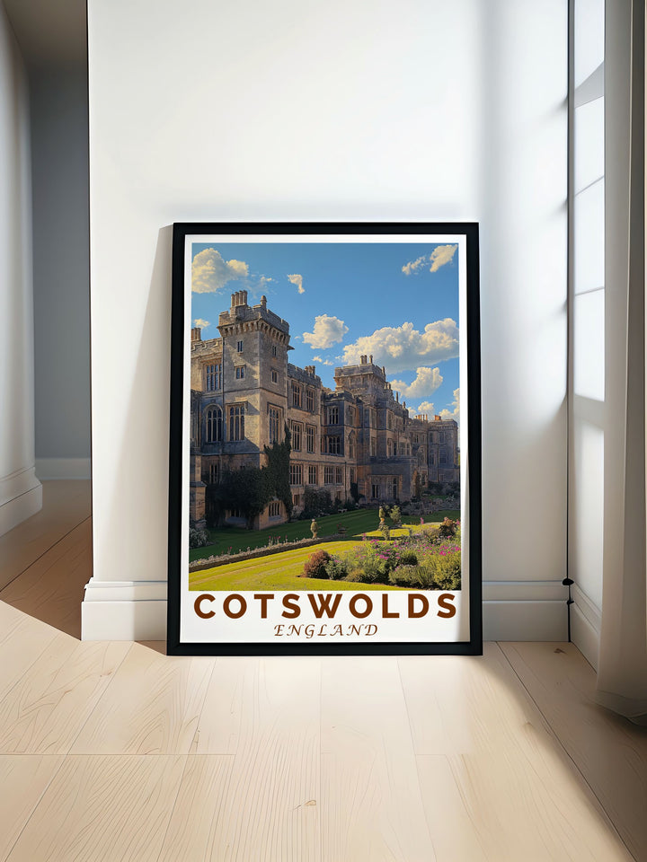 This artistic poster captures the picturesque beauty of Sudeley Castle and the enchanting landscapes of the Cotswolds, perfect for adding a touch of Englands historic charm to your decor.