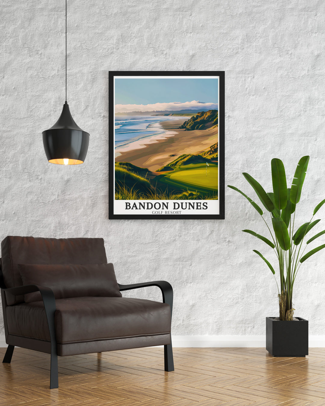 Wall art inspired by Bandon Dunes Golf Resort, featuring the expansive golf course and the Pacific Ocean, printed on premium matte paper, perfect for any golfers home.