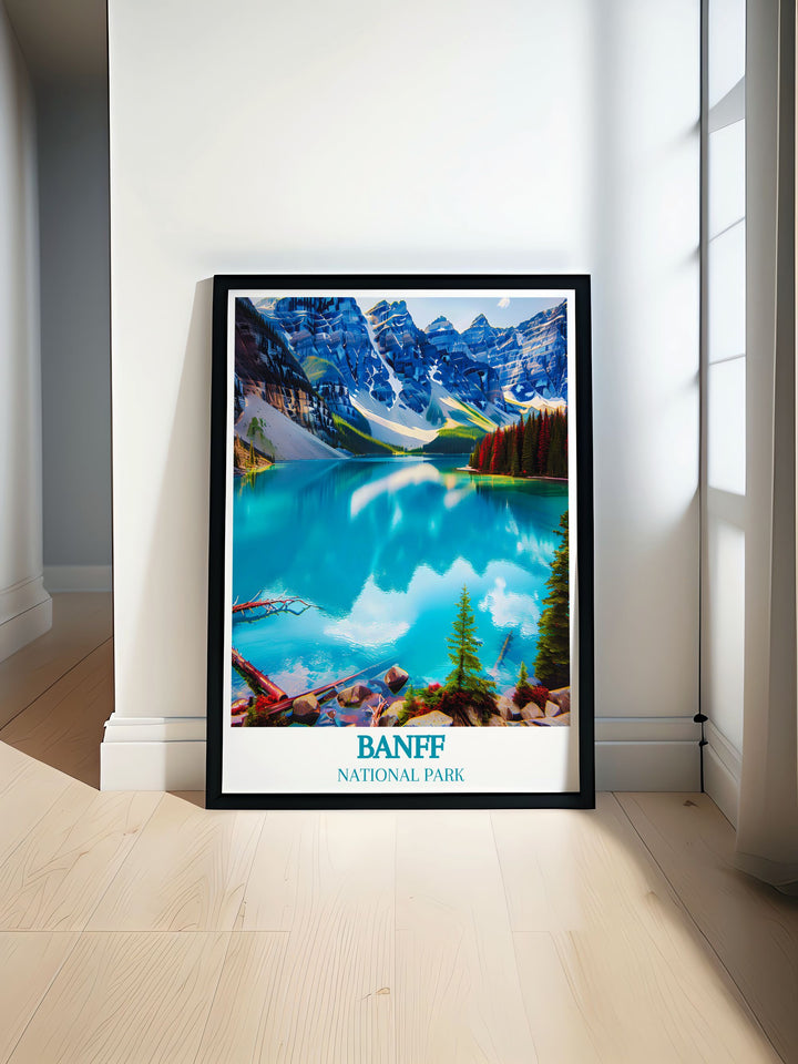 Moraine Lake poster showing the serene blue waters and snow capped peaks, perfect for enhancing any living or workspace with a touch of natural beauty.