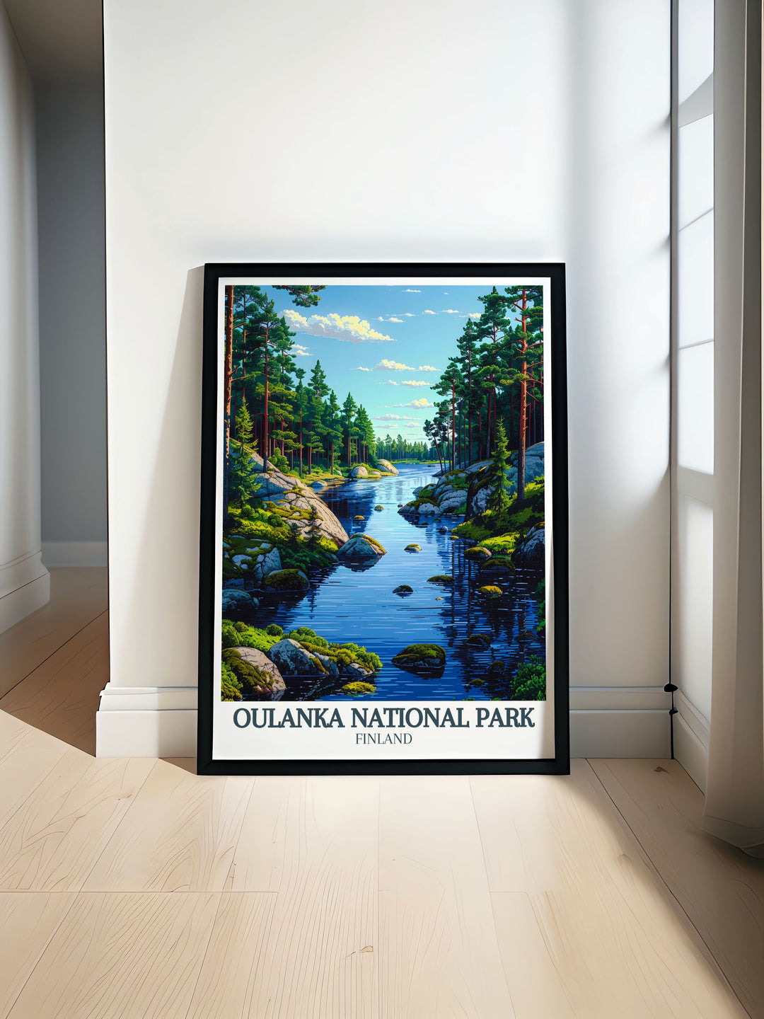 Beautiful travel poster art showcasing the Oulanka river Kiutakongas Rapids in Finland. Perfect national park print and nature wall art for home decor and gifts. Ideal for fans of Scandinavian art and hiking trails like the Karhunkierros Hike.