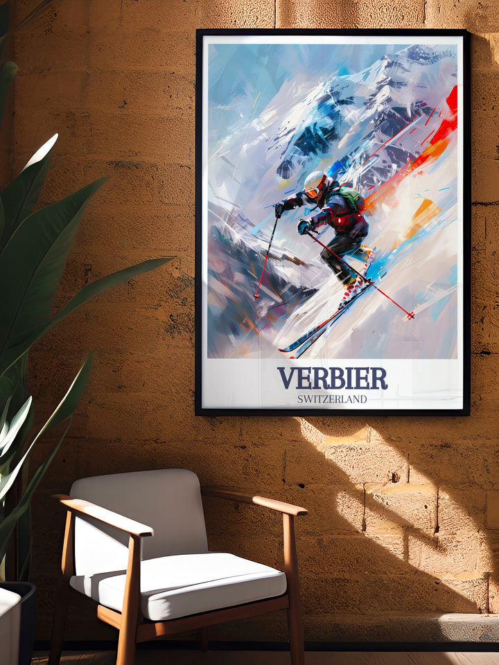 This travel print features the picturesque Verbier mountains and the famous Four Valleys ski area, ideal for winter sports lovers. The design captures the rugged beauty of the alpine landscape, making it an excellent addition to any ski themed décor.