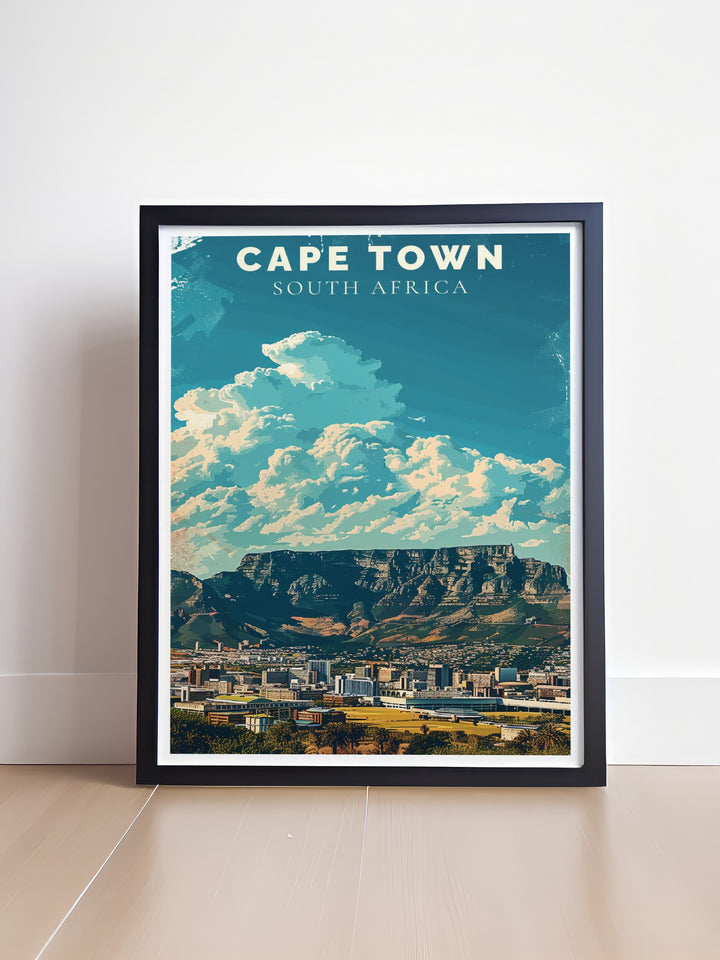 Capture the majestic beauty of Table Mountain with this South Africa poster. A vibrant addition to any home or office. This framed print makes a thoughtful gift for travel enthusiasts and those who appreciate the wonders of nature.